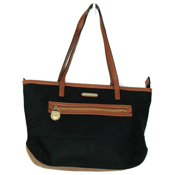 Michael Kors Handbags - Michael Kors Black Nylon Tote Shoulder Bag Brown Trim Faux Leather Edging Purse